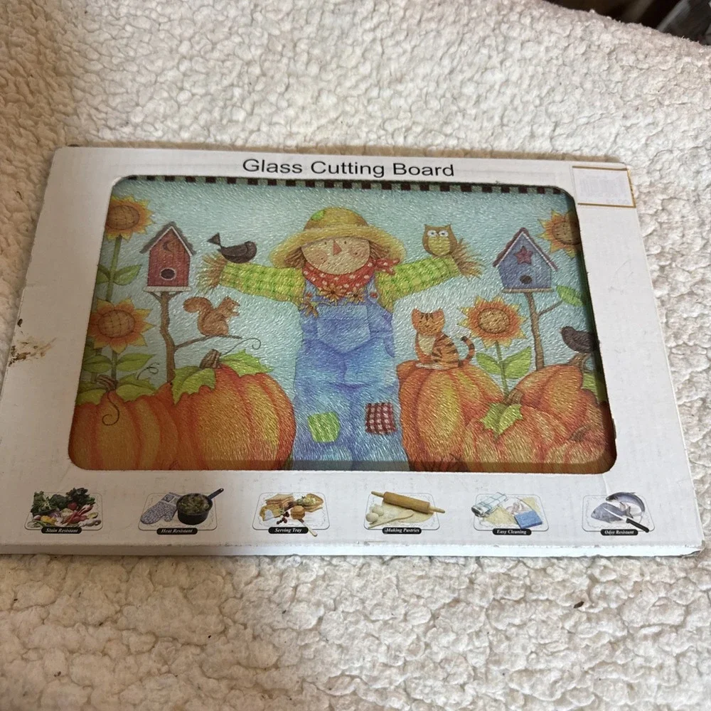 Glass Cutting Board Scarecrow Pumpkins Fall 12
